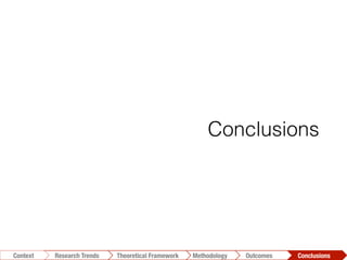 Conclusions	
  Outcomes	
  Methodology	
  Theoretical Framework	
  Research Trends
Context
Conclusions
 