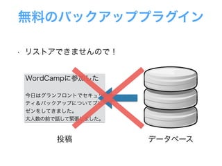 無料のバックアッププラグイン
• リストアできませんので！
WordCampに参加した
 
今日はグランフロントでセキュリ
ティ＆バックアップについてプレ
ゼンをしてきました。
大人数の前で話して緊張しました。
投稿 データベース
 