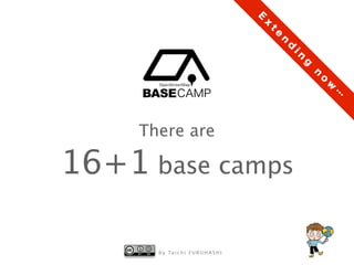b y Ta i c h i F U R U H A S H I
There are 
16+1 base camps
E
x
t
e
n
d
in
g
n
o
w
…
 