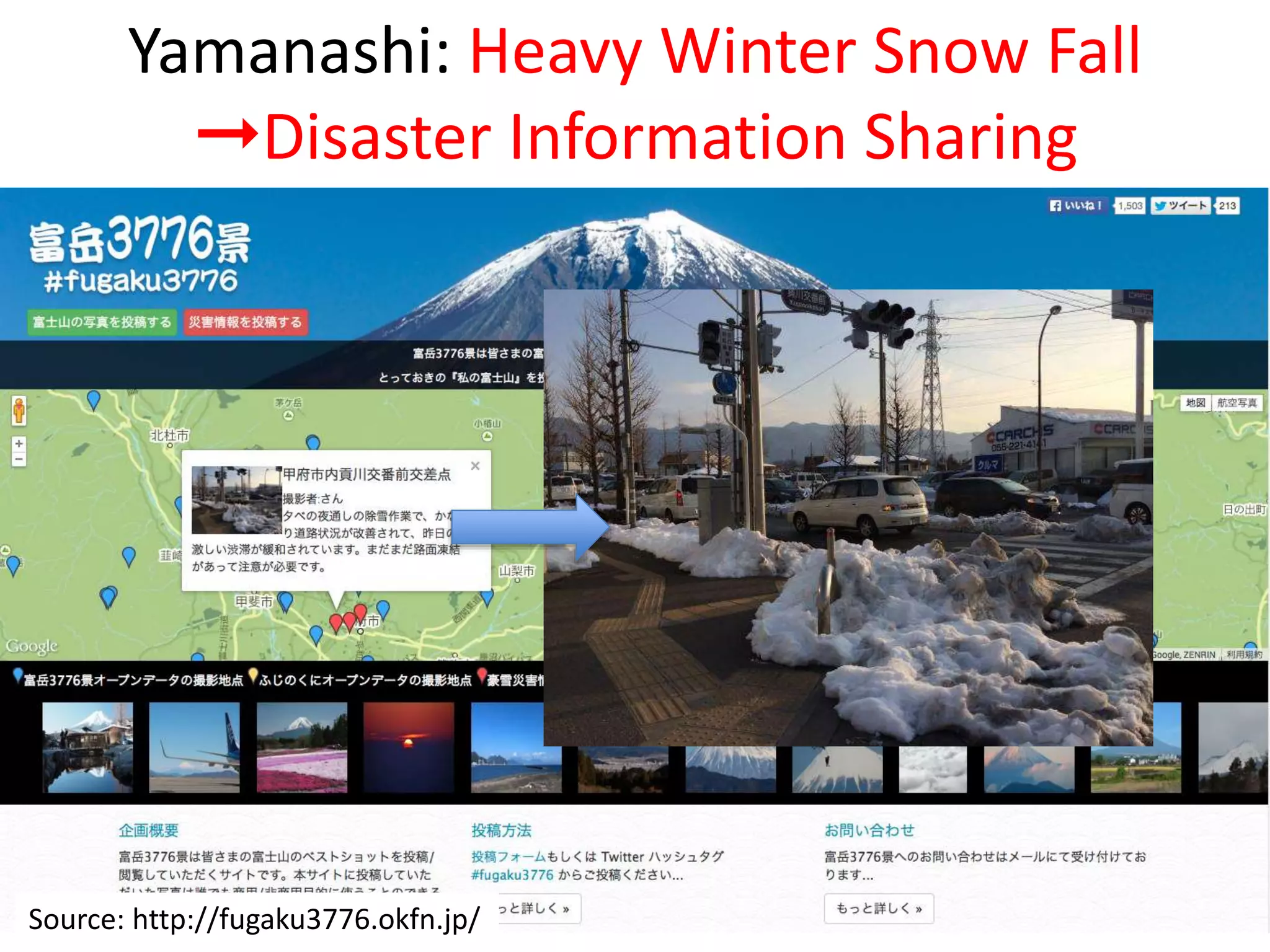 Yamanashi: Heavy Winter Snow Fall
➞Disaster Information Sharing
15Source: http://fugaku3776.okfn.jp/
 