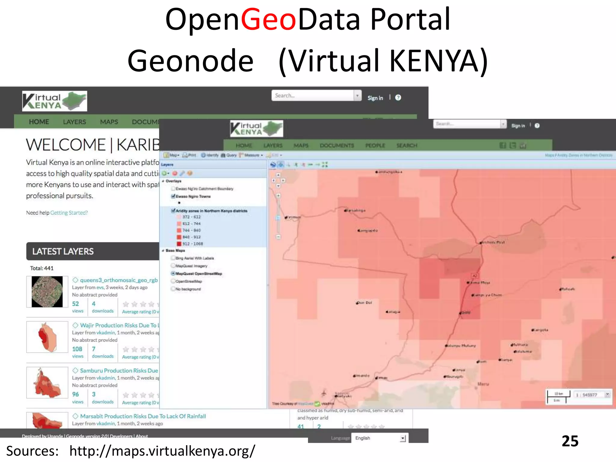 OpenGeoData Portal
Geonode (Virtual KENYA)
25
Sources: http://maps.virtualkenya.org/
 