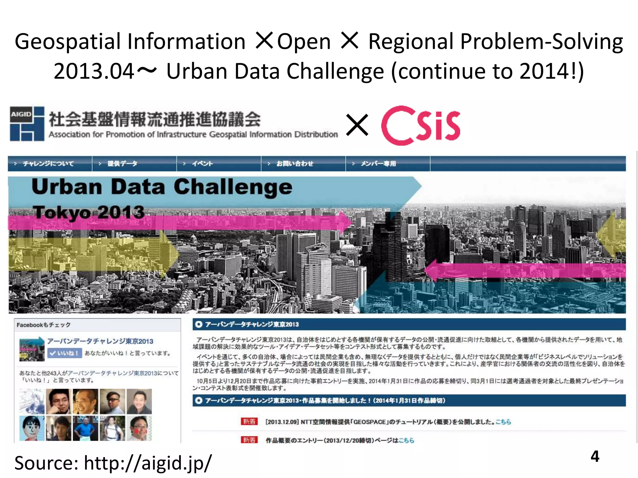 Geospatial Information ✕Open ✕ Regional Problem-Solving
2013.04〜 Urban Data Challenge (continue to 2014!)
4Source: http://aigid.jp/
✕
 