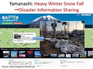 Yamanashi: Heavy Winter Snow Fall
➞Disaster Information Sharing
15Source: http://fugaku3776.okfn.jp/
 