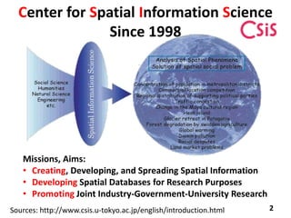 Center for Spatial Information Science
Since 1998
2
Missions, Aims:
• Creating, Developing, and Spreading Spatial Information
• Developing Spatial Databases for Research Purposes
• Promoting Joint Industry-Government-University Research
Sources: http://www.csis.u-tokyo.ac.jp/english/introduction.html
 