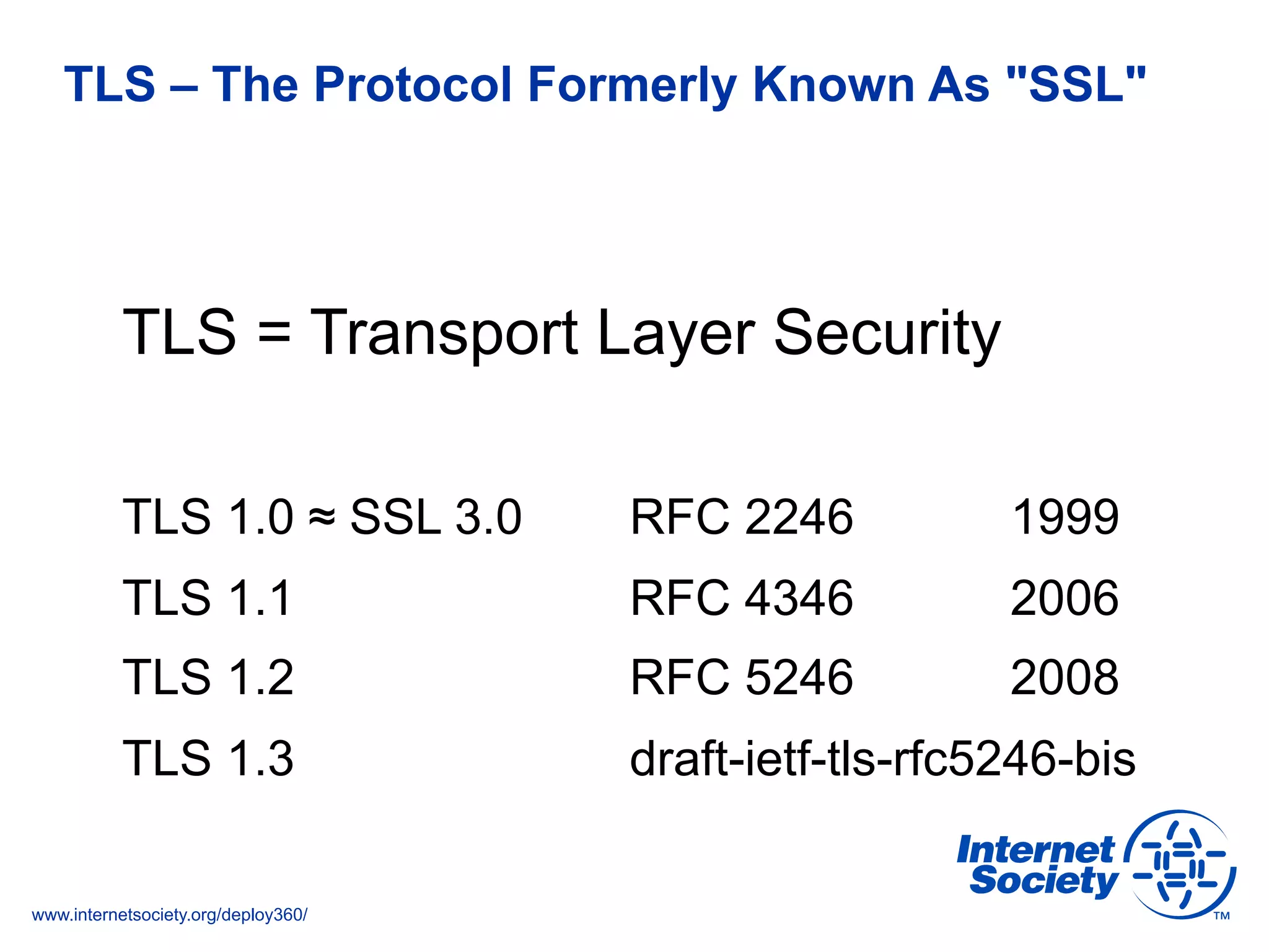 www.internetsociety.org/deploy360/
TLS = Transport Layer Security
TLS 1.0 ≈ SSL 3.0 RFC 2246 1999
TLS 1.1 RFC 4346 2006
TLS 1.2 RFC 5246 2008
TLS 1.3 draft-ietf-tls-rfc5246-bis
TLS – The Protocol Formerly Known As "SSL"
 