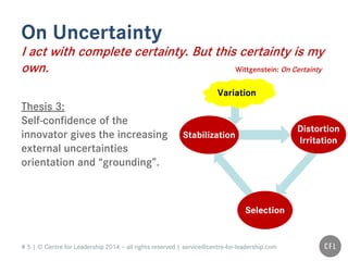 # 5 | © Centre for Leadership 2014 – all rights reserved | service@centre-for-leadership.com
On Uncertainty
I act with complete certainty. But this certainty is my
own. Wittgenstein: On Certainty
Thesis 3:
Self-confidence of the
innovator gives the increasing
external uncertainties
orientation and “grounding”.
Selection
Distortion
Irritation
Stabilization
Variation
 
