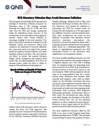 Page 1 of 2
Economic Commentary QNB Economics
economics@qnb.com.qa
June 15, 2014
ECB Monetary Stimulus May Avoid Eurozone Deflation
The European Central Bank (ECB) announced a
package of monetary stimulus measures on
Thursday, June 5. The package includes
lowering the deposit rate to -0.1%—the first
time that the ECB will charge commercial
banks for depositing excess reserves at the
central bank. It also included a new program to
provide banks with cheap funding to
encourage lending to the real economy. The
aim is to provide a monetary stimulus to avoid
deflation within the Eurozone. These new
measures are important to prevent deflation
but more may need to be done if the current
trends of negative foreign inflation and weak
domestic demand continue. The new policies
are likely to reduce the spreads between
Italian, Greek, Portuguese and Spanish bond
yields (the so-called periphery) and those on
German bunds, while the Euro is likely to
weaken if the inflation outlook improves.
Spreads of Italian and Spanish 10-Year Bond
Yields over German 10-Year Yield
(%)
Sources: Bloomberg and QNB Group Analysis
Unlike earlier ECB measures which aimed at
saving the Euro, the ECB approved this
package on June 5 because of the deterioration
in the economic outlook, especially in the form
of low inflation. Eurozone inflation has been
steadily declining, falling to 0.5% in May, well
beneath the ECB target of below, but close to,
2%. Moreover, the outlook for inflation is
worsening: the ECB has revised down its
forecast for 2014 inflation to 0.7% and expects
low inflation to persist over the medium term.
This risks re-enforcing the state of low
inflation or possibly even deflation. Absent
proactive monetary intervention, the
Eurozone is at risk of turning into Japan with a
prolonged period of deflation and slow growth,
made worse by a declining population. The
threat of Japanification prompted the ECB
Governing Council to act decisively and,
significantly, in a unanimous manner.
The most headline-grabbing measure was the
lowering of the interest rate corridor leading to
a negative deposit rate. The ECB is hoping
that, by charging banks for depositing their
excess reserves at the ECB, they would have a
strong incentive to lend more money to the
real economy. While setting negative interest
rates is an unprecedented step for a major
central bank (Denmark and Sweden have
recently had negative rates with no major
impact on the domestic economy), this may
not be the most significant measure taken by
the ECB. Excess reserves have been trending
downwards as banks have been repaying their
borrowings from previous ECB long-term
refinancing operations. Furthermore, there is
little scope for decreasing the rates further
with Mario Draghi, the President of the ECB,
clearly stating that “for all the practical
purposes, we have reached the lower bound.”
However, it does signal intent of the ECB to
pursue unconventional monetary policies.
The most significant measure taken by the
ECB, in our view, is the Targeted Long-Term
Refinancing Operation (TLTRO). This provides
cheap funding for banks, the quantity of which
0.0
1.0
2.0
3.0
4.0
5.0
6.0
7.0
Jul-2011 Jan-2012 Jul-2012 Jan-2013 Jul-2013 Jan-2014
Spain
Italy
 