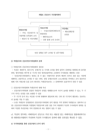 - 51 -
세월호 진상조사 국민협력회의
현장조사팀
- 주민, 민간잠수사 등
각영역별 유족참여 조사
- 변호사 및 시민사회팀
자료조사팀
- 국정조사참여(예비조사
위원파견)
- 해외자료조사
- 국회 법제 논의 모니터
국민제보
- 제보전화운영
(안산)
안산 상황실 상주 조사팀 및 실무지원팀
3) 특별검사와 진상규명국가위원회의 관계
○ 특별검사와 진상규명국가위원회의 장단점
- 특검은 계좌추적, 압수수색, 강제구인 등 수사와 조사를 함에 있어서 강제력을 발휘하는데 용이한
반면, 형사처벌을 염두에 둔 기구인 만큼 범죄성립여부를 고려하여 수사대상을 제한하는 단점
- ‘진상규명국가위원회’는 범죄로 볼 수 없는 사항이지만 참사의 배경이 되거나 관련 있는 사안에
대해서도 포괄적으로 조사할 수 있는 반면, 설령 강제조사권과 고소고발권을 부여하고 조사 불응이나
방해 시의 처벌조항 등을 둔다 하더라도 특별검사보다는 그 강제력에서 효율적이지 못할 수 있음
○ 진상규명국가위원회와 특별검사의 병행 추진
- 진상규명국가위원회 설립과 특별검사 임명을 병행함으로써 시너지 효과를 발휘할 수 있고, 두 기
구가 가지는 단점을 상호 보완할 수 있음
- 두 기구가 동시 또는 비슷한 시기에 병행하여 활동하게 하는 것이 한 기구만이 활동하는 것보다는
더 효과를 거둘 수 있음.
- (1안) 특별검사 임명방안과 진상규명국가위원회 설치 방안을 각각 별개의 특별법으로 정하거나 (2
안) 진상규명국가위원회 특별법에 특별검사에 관한 장을 두어 위원회가 특검의 수사대상과 범위를 정
하여 적절한 추천절차를 거쳐 임명하도록 하는 방안이 있을 수 있음
cf. 특검의 경우에는 피해자들이 공동으로 추천 또는 대표성 있는 피해자들을 법률대리하기로
한 대한변호사협회가 추천하여 특검의 수사활동과 결과에 대한 신뢰성을 확보할 수 있음.
4) 국가위원회를 통한 진상규명의 5가지 원칙
 