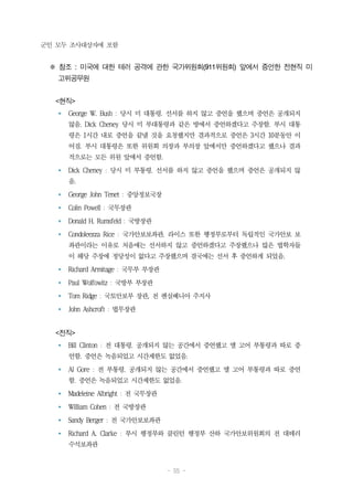 - 55 -
군인 모두 조사대상자에 포함
※ 참조 : 미국에 대한 테러 공격에 관한 국가위원회(911위원회) 앞에서 증언한 전현직 미
고위공무원
<현직>
Ÿ George W. Bush : 당시 미 대통령. 선서를 하지 않고 증언을 했으며 증언은 공개되지
않음. Dick Cheney 당시 미 부대통령과 같은 방에서 증언하겠다고 주장함. 부시 대통
령은 1시간 내로 증언을 끝낼 것을 요청했지만 결과적으로 증언은 3시간 10분동안 이
어짐. 부시 대통령은 또한 위원회 의장과 부의장 앞에서만 증언하겠다고 했으나 결과
적으로는 모든 위원 앞에서 증언함.
Ÿ Dick Cheney : 당시 미 부통령. 선서를 하지 않고 증언을 했으며 증언은 공개되지 않
음.
Ÿ George John Tenet : 중앙정보국장
Ÿ Colin Powell : 국무장관
Ÿ Donald H. Rumsfeld : 국방장관
Ÿ Condoleezza Rice : 국가안보보좌관. 라이스 또한 행정부로부터 독립적인 국가안보 보
좌관이라는 이유로 처음에는 선서하지 않고 증언하겠다고 주장했으나 많은 법학자들
이 해당 주장에 정당성이 없다고 주장했으며 결국에는 선서 후 증언하게 되었음.
Ÿ Richard Armitage : 국무부 부장관
Ÿ Paul Wolfowitz : 국방부 부장관
Ÿ Tom Ridge : 국토안보부 장관, 전 펜실베니아 주지사
Ÿ John Ashcroft : 법무장관
<전직>
Ÿ Bill Clinton : 전 대통령. 공개되지 않는 공간에서 증언했고 앨 고어 부통령과 따로 증
언함. 증언은 녹음되었고 시간제한도 없었음.
Ÿ Al Gore : 전 부통령. 공개되지 않는 공간에서 증언했고 앨 고어 부통령과 따로 증언
함. 증언은 녹음되었고 시간제한도 없었음.
Ÿ Madeleine Albright : 전 국무장관
Ÿ William Cohen : 전 국방장관
Ÿ Sandy Berger : 전 국가안보보좌관
Ÿ Richard A. Clarke : 부시 행정부와 클린턴 행정부 산하 국가안보위원회의 전 대테러
수석보좌관
 