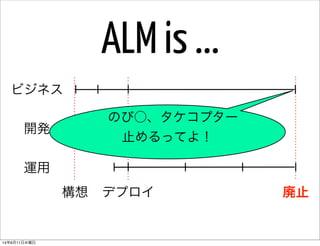 ビジネス
開発
運用
構想 デプロイ 廃止
のび○、タケコプター
止めるってよ！
ALM is ...
14年6月11日水曜日
 