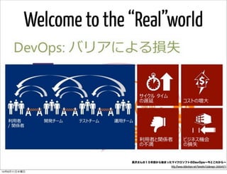 長沢さんの１０年前から始まったマイクロソフトのDevOps∼今とこれから∼
http://www.slideshare.net/tomohn/10devops-20004973
Welcome to the “Real”world
14年6月11日水曜日
 