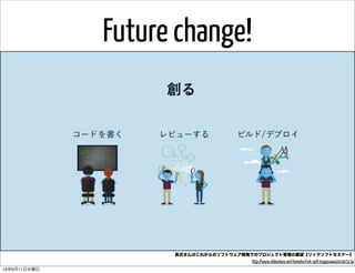 Future change!
長沢さんのこれからのソフトウェア開発でのプロジェクト管理の展望【リックソフトセミナー】
http://www.slideshare.net/tomohn/rick-soft-tnagasawa20140313p
14年6月11日水曜日
 