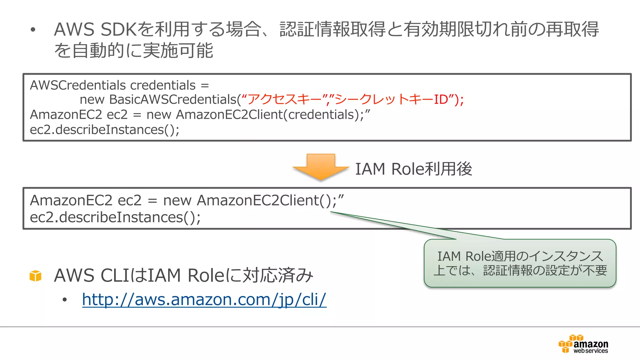 AWSCredentials  credentials  =  
 　 　 　 　new  BasicAWSCredentials(“アクセスキー”,”シークレットキーID”);
AmazonEC2  ec2  =  new  AmazonEC2Client(credentials);”
ec2.describeInstances();
•  AWS  SDKを利利⽤用する場合、認証情報取得と有効期限切切れ前の再取得
を⾃自動的に実施可能
"   AWS  CLIはIAM  Roleに対応済み
•  http://aws.amazon.com/jp/cli/
AmazonEC2  ec2  =  new  AmazonEC2Client();”
ec2.describeInstances();
IAM  Role利利⽤用後
IAM  Role適⽤用のインスタンス
上では、認証情報の設定が不不要
 