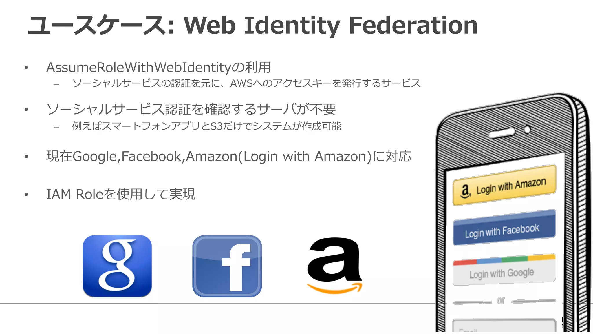 ユースケース:  Web  Identity  Federation
•  AssumeRoleWithWebIdentityの利利⽤用
–  ソーシャルサービスの認証を元に、AWSへのアクセスキーを発⾏行行するサービス
•  ソーシャルサービス認証を確認するサーバが不不要
–  例例えばスマートフォンアプリとS3だけでシステムが作成可能
•  現在Google,Facebook,Amazon(Login  with  Amazon)に対応
•  IAM  Roleを使⽤用して実現
 