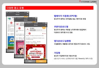노티투미
다양한 광고 유형
웹페이지 이동형 (CPC형)
광고주가 원하는 모바일웹, App. 페이지로 연결
쿠폰다운로드형
광고주가 원하는 쿠폰을 노티투미에서 발급해서
다운로드 받게 할 수도 있음.
앱다운로드/실행형
구글플레이, 애플앱스토어로 연결시켜 다운로드 시킴.
가입형
광고주 가입페이지로 이동시켜 줌
(광고단가 서비스 성격에 따라 다름. Reward는 50% 수준)
 