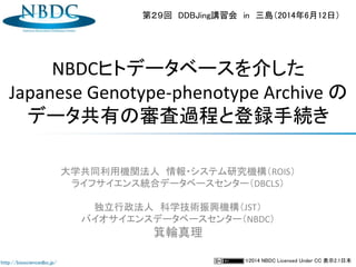 http://biosciencedbc.jp/
NBDCヒトデータベースを介した
Japanese Genotype-phenotype Archive の
データ共有の審査過程と登録手続き
大学共同利用機関法人 情報・システム研究機構（ROIS）
ライフサイエンス統合データベースセンター（DBCLS）
独立行政法人 科学技術振興機構（JST）
バイオサイエンスデータベースセンター（NBDC）
箕輪真理
©2014 NBDC Licensed Under CC 表示2.1日本
第２９回 DDBJing講習会 in 三島（2014年6月12日）
 