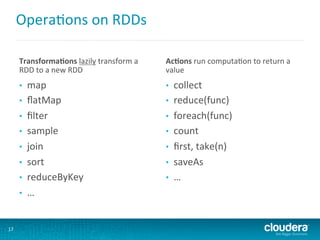 Opera6ons	
  on	
  RDDs	
  
TransformaYons	
  lazily	
  transform	
  a	
  
RDD	
  to	
  a	
  new	
  RDD	
  
•  map	
  
•  ﬂatMap	
  
•  ﬁlter	
  
•  sample	
  
•  join	
  
•  sort	
  
•  reduceByKey	
  
•  …	
  
AcYons	
  run	
  computa6on	
  to	
  return	
  a	
  
value	
  
•  collect	
  
•  reduce(func)	
  
•  foreach(func)	
  
•  count	
  
•  ﬁrst,	
  take(n)	
  
•  saveAs	
  
•  …	
  
17	
  
 