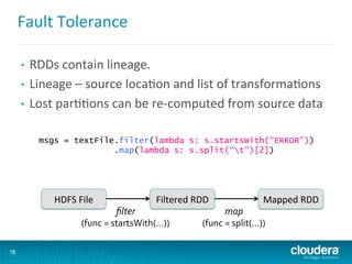 Fault	
  Tolerance	
  
•  RDDs	
  contain	
  lineage.	
  
•  Lineage	
  –	
  source	
  loca6on	
  and	
  list	
  of	
  transforma6ons	
  
•  Lost	
  par66ons	
  can	
  be	
  re-­‐computed	
  from	
  source	
  data	
  
	
  
	
  
	
  
	
  
	
  
18
msgs = textFile.filter(lambda s: s.startsWith(“ERROR”))
.map(lambda s: s.split(“t”)[2])
HDFS	
  File	
   Filtered	
  RDD	
   Mapped	
  RDD	
  
ﬁlter	
  
(func	
  =	
  startsWith(…))	
  
map	
  
(func	
  =	
  split(...))	
  
 