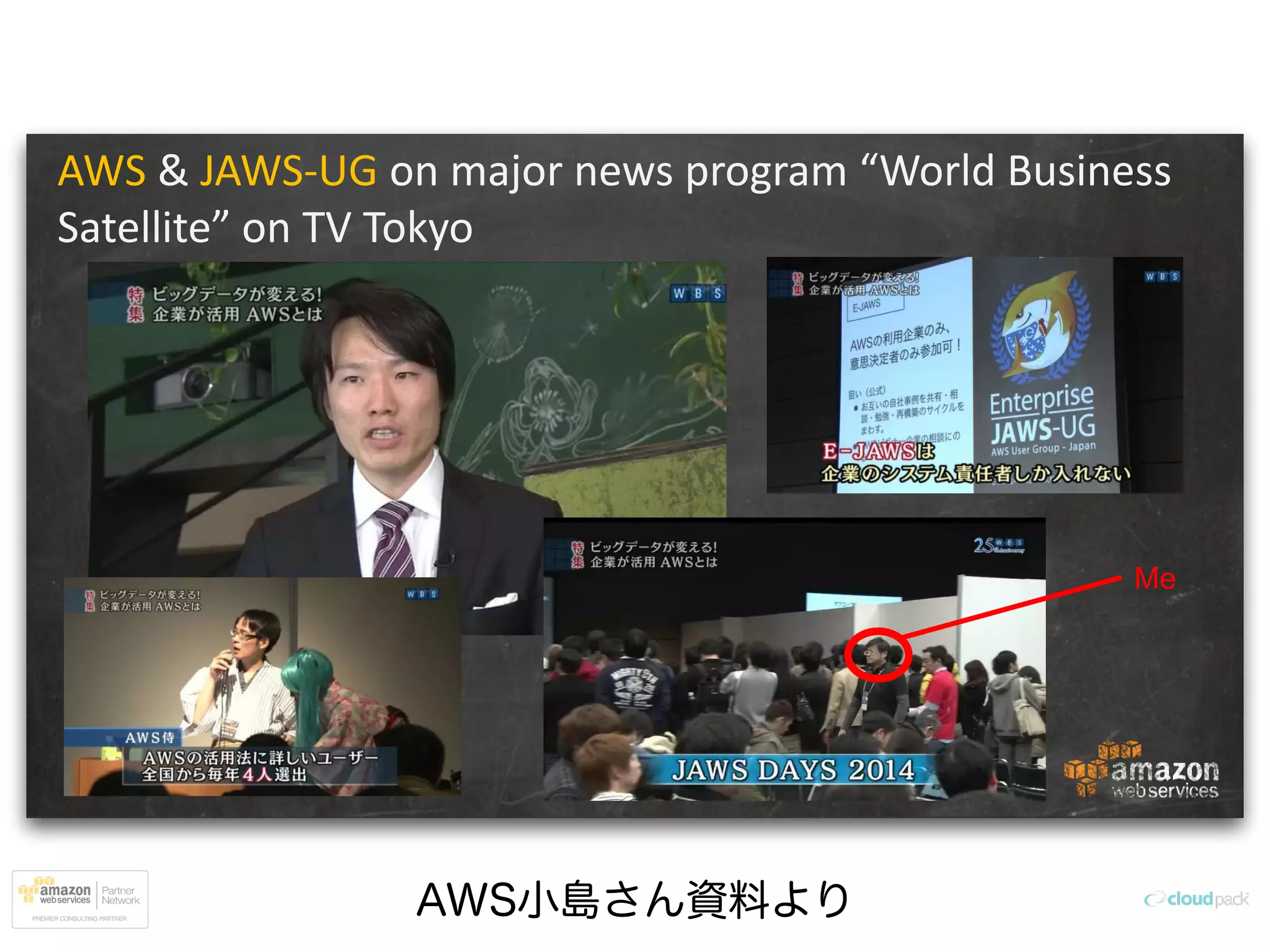 AWS小島さん資料より
AWS & JAWS-UG on  major  news  program  “World  Business  
Satellite”  on  TV  Tokyo
Me
 