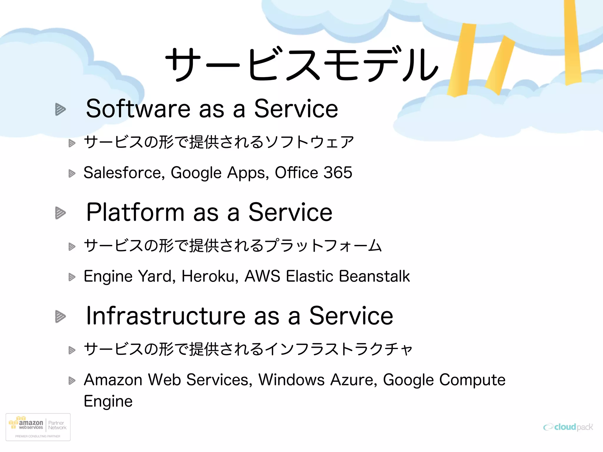 サービスモデル
Software as a Service
サービスの形で提供されるソフトウェア
Salesforce, Google Apps, Oﬃce 365
Platform as a Service
サービスの形で提供されるプラットフォーム
Engine Yard, Heroku, AWS Elastic Beanstalk
Infrastructure as a Service
サービスの形で提供されるインフラストラクチャ
Amazon Web Services, Windows Azure, Google Compute
Engine
 