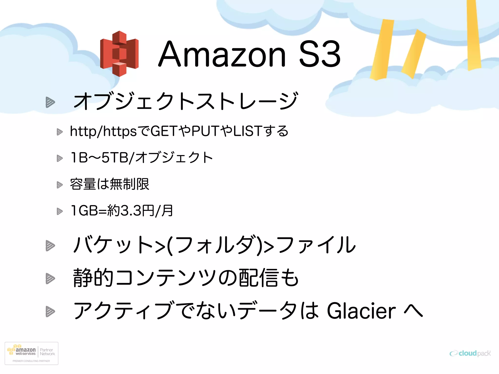 Amazon S3
オブジェクトストレージ
http/httpsでGETやPUTやLISTする
1B∼5TB/オブジェクト
容量は無制限
1GB=約3.3円/月
バケット>(フォルダ)>ファイル
静的コンテンツの配信も
アクティブでないデータは Glacier へ
 
