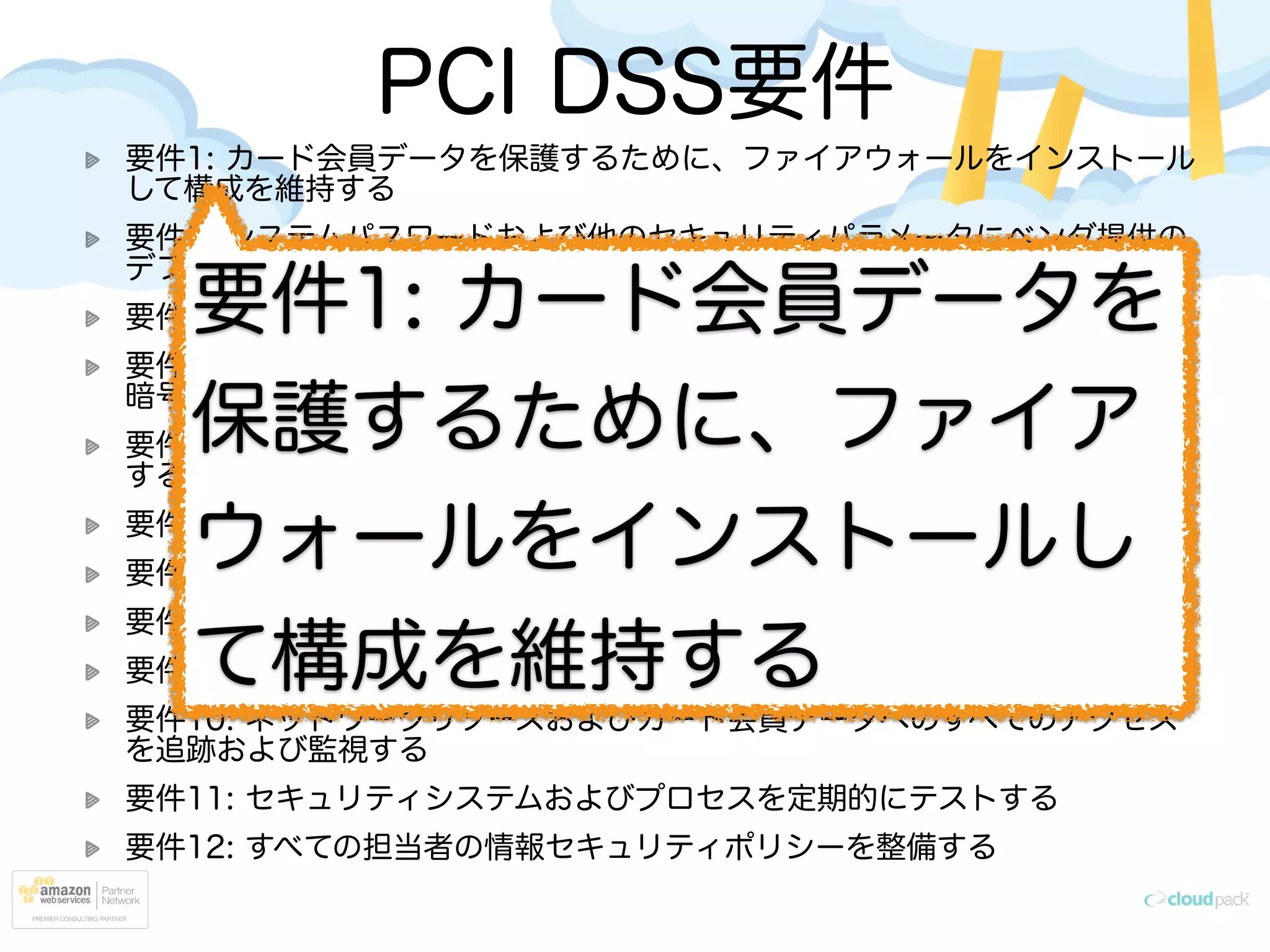 PCI DSS要件
要件1: カード会員データを保護するために、ファイアウォールをインストール
して構成を維持する
要件2: システムパスワードおよび他のセキュリティパラメータにベンダ提供の
デフォルト値を使用しない
要件3: 保存されるカード会員データを保護する
要件4: オープンな公共ネットワーク経由でカード会員データを伝送する場合、
暗号化する
要件5: アンチウィルスソフトウェアまたはプログラムを使用し、定期的に更新
する
要件6: 安全性の高いシステムとアプリケーションを開発し、保守する
要件7: カード会員データへのアクセスを、業務上必要な範囲内に制限する
要件8: コンピュータにアクセスできる各ユーザに一意の ID を割り当てる
要件9: カード会員データへの物理アクセスを制限する
要件10: ネットワークリソースおよびカード会員データへのすべてのアクセス
を追跡および監視する
要件11: セキュリティシステムおよびプロセスを定期的にテストする
要件12: すべての担当者の情報セキュリティポリシーを整備する
要件1: カード会員データを
保護するために、ファイア
ウォールをインストールし
て構成を維持する
 