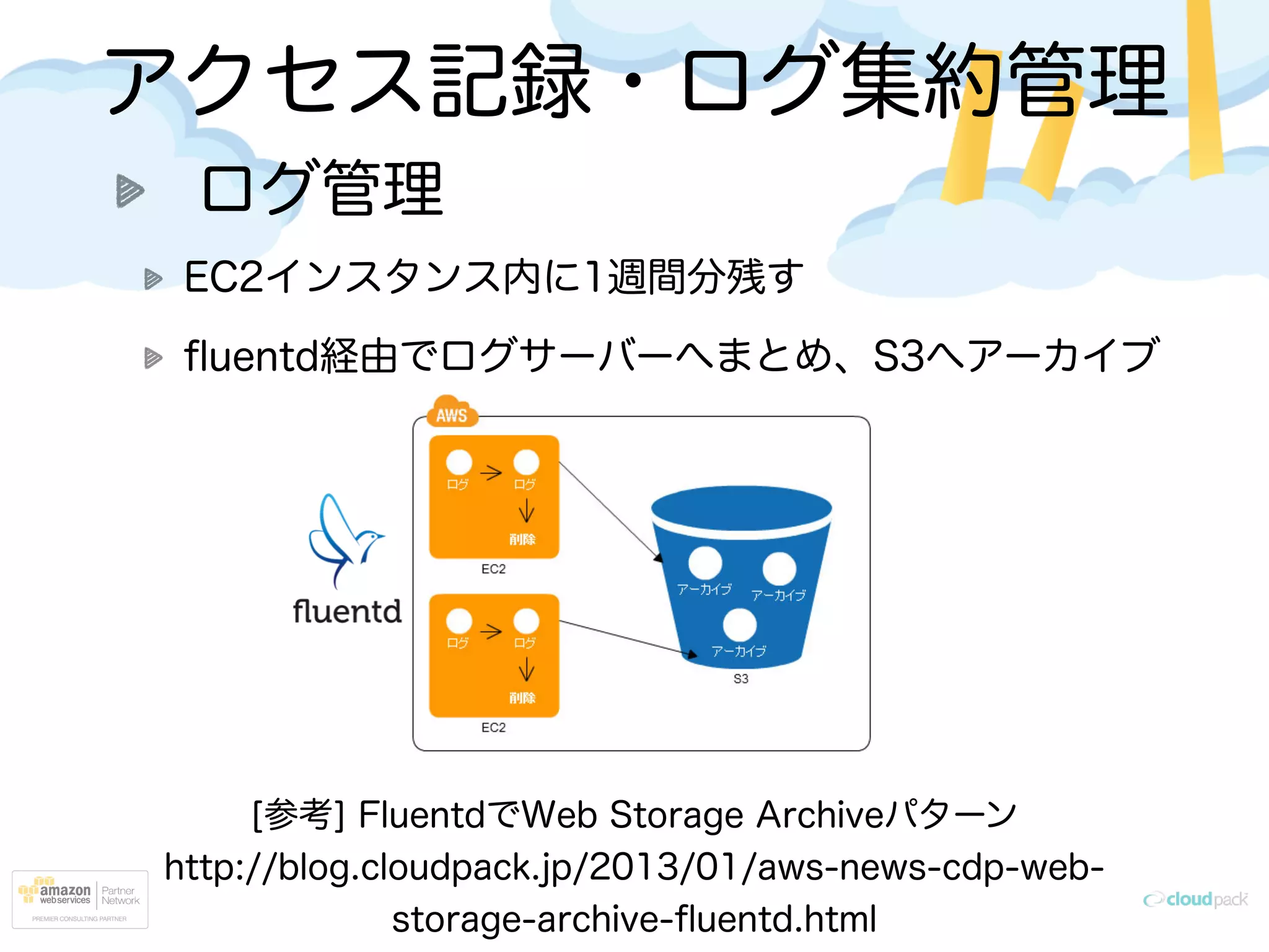 アクセス記録・ログ集約管理
ログ管理
EC2インスタンス内に1週間分残す
ﬂuentd経由でログサーバーへまとめ、S3へアーカイブ
[参考] FluentdでWeb Storage Archiveパターン
http://blog.cloudpack.jp/2013/01/aws-news-cdp-web-
storage-archive-ﬂuentd.html
 