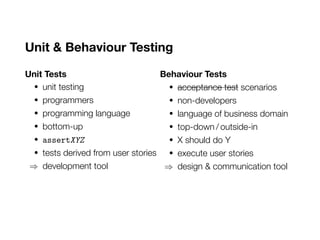 Unit & Behaviour Testing
Unit Tests
• unit testing
• programmers
• programming language
• bottom-up
• assertXYZ
• tests derived from user stories
⇒ development tool
Behaviour Tests
• acceptance test scenarios
• non-developers
• language of business domain
• top-down / outside-in
• X should do Y
• execute user stories
⇒ design & communication tool
 