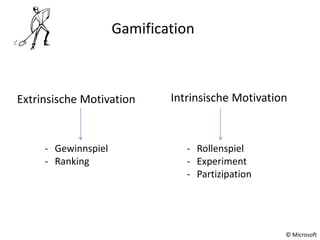 © Microsoft
Gamification
Extrinsische Motivation Intrinsische Motivation
- Gewinnspiel
- Ranking
- Rollenspiel
- Experiment
- Partizipation
 