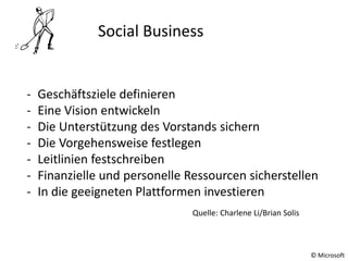 © Microsoft
Social Business
- Geschäftsziele definieren
- Eine Vision entwickeln
- Die Unterstützung des Vorstands sichern
- Die Vorgehensweise festlegen
- Leitlinien festschreiben
- Finanzielle und personelle Ressourcen sicherstellen
- In die geeigneten Plattformen investieren
Quelle: Charlene Li/Brian Solis
 