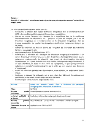 15
Action 4
Soutenir la rénovation : une mise en œuvre pragmatique par étapes au service d'une ambition
forte à terme
Les principaux objectifs de cette action sont de :
• Concourir à la réflexion d'un objectif d’efficacité énergétique dans le bâtiment à l'horizon
2050 à des conditions et techniques et économiques acceptables ;
• Mettre en œuvre l’annonce du Président de la République lors de la conférence
environnementale de septembre 2013 : proposer la prise en compte, par la loi de
transition énergétique, de « l’embarquement de la rénovation énergétique » lors de
travaux susceptibles de toucher les rénovations significatives (notamment toitures ou
façades) ;
• Publier les conditions de mise en œuvre de l’obligation de rénovation des bâtiments
tertiaires prévues par la loi ;
• Accompagner le plan de fiabilisation du DPE ;
• Contribuer à la définition du « passeport de rénovation énergétique du bâtiment » : un
carnet de santé, d’entretien, tenu par un tiers de confiance. Participer à la mise en œuvre,
notamment expérimentale, du dispositif : des projets de démonstration pourraient
intervenir dès 2015, pour disposer d’un outil fiabilisé techniquement et juridiquement, à
un coût abordable, en 2016 ou 2017. Pour les copropriétés, ce passeport pourrait se
substituer au carnet d’entretien déjà prévu par la loi (et qui peut servir de base de retour
d’expérience).
• Réunir les conditions permettant d'expérimenter, le cas échéant, un dispositif de bonus-
malus.
• Continuer et appuyer la pédagogie sur la plus-value d’un bâtiment énergétiquement
performant et mettre en avant la valeur verte du bâtiment.
• Communiquer sur les mesures en places et à venir.
Action 4 Appui aux pouvoirs publics dans la définition du passeport
énergétique de rénovation du bâtiment
Pilote NFI/REB
Acteurs privés
concernés
Ensemble des acteurs de la construction
Levier(s) public(s) à
actionner
Évolution règlementaire et projets de démonstrateur
Acteurs publics
concernés
MLET + MEDDE + CSTB/ADEME + Services du Cadastre (Budget)
Calendrier de mise en
œuvre
Application en 2016 ou 2017
 