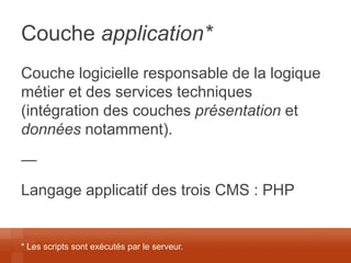Couche application* 
Couche logicielle responsable de la logique métier et des services techniques (intégration des couches présentation et données notamment). 
— 
Langage applicatif des trois CMS : PHP 
* Les scripts sont exécutés par le serveur.  
