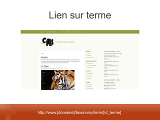 Lien sur terme 
http://www.[domaine]/taxonomy/term/[id_terme]  