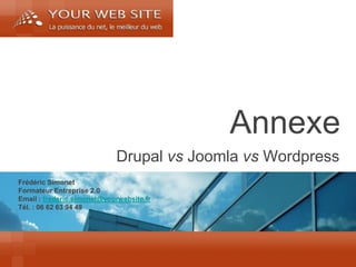 Frédéric Simonet 
Formateur Entreprise 2.0 
Email : frederic.simonet@yourwebsite.fr 
Tél. : 06 62 63 94 49 
Annexe 
Drupal vs Joomla vs Wordpress  