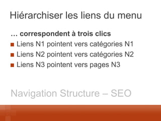 Hiérarchiser les liens du menu 
… correspondent à trois clics Liens N1 pointent vers catégories N1 Liens N2 pointent vers catégories N2 Liens N3 pointent vers pages N3 
Navigation Structure – SEO  