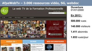 AfpaWebTv – 3.000 ressources vidéo, SG, webdoc
Ouverture
01/01/2000
En 2013 :
500.000 vues
140.000 visiteurs
1.411 abonnés
1.853 vues/jour
 