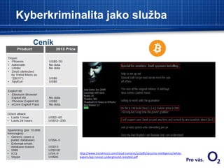 Kyberkriminalita jako služba
Ceník
http://www.trendmicro.com/cloud-content/us/pdfs/security-intelligence/white-
papers/wp-russian-underground-revisited.pdf
 
