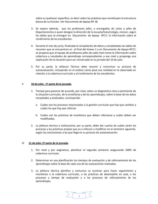 3
sobre su quehacer específico, es decir sobre las prácticas que constituyen la estructura
básica de su función. Ver Documento de Apoyo Nº 18.
3. Se espera además, que los profesores jefes, o encargados de ciclos o jefes de
Departamentos o quien designe la dirección de la escuela/liceo/colegio, reúnan, según
las tablas que se entregan en Documento de Apoyo Nº17, la información sobre el
rendimiento de los estudiantes.
4. Durante el mes de junio, finalizada la recopilación de datos y completadas las tablas de
resumen que se encuentran en al final del Anexo 1 y en Documento de Apoyo Nº17,
se propone que el equipo de profesores jefes de cada nivel revise la información sobre
cobertura y resultados de aprendizaje correspondientes a ese nivel y proponga una
explicación de la situación para ser conversada en la jornada del 10 de julio.
5. Por su parte, la Jefatura Técnica debe resumir y comunicar su proceso de
autoevaluación, incluyendo en el análisis cómo pesó esa realidad en lo observado en
relación a la cobertura curricular y al rendimiento de los estudiantes.
II 10 de julio: 1ª parte de la jornada.
1. Tiempo para ponerse de acuerdo, por nivel, sobre un diagnóstico claro y pertinente de
la situación curricular, de la enseñanza y de los aprendizajes, sobre la base de los datos
recopilados y analizados, concluyendo:
a. Cuáles son los procesos relacionados a la gestión curricular que hay que cambiar y
cuáles los que hay que reforzar
b. Cuáles son las prácticas de enseñanza que deben reforzarse y cuáles deben ser
modificadas.
2. La jefatura técnica e institucional, por su parte, debe dar cuenta de cuáles serán los
procesos y las prácticas propias que va a reforzar y modificar en el semestre siguiente,
según las conclusiones a las que llegó en su proceso de autoevaluación.
III 11 de julio: 2ª parte de la jornada.
1. Por nivel y por asignatura, planificar el segundo semestre asegurando 100% de
cobertura curricular.
2. Determinar en esa planificación los tiempos de evaluación y de reforzamiento de los
aprendizajes sobre la base de cada una de las evaluaciones realizadas.
3. La jefatura técnica planifica y comunica su accionar para hacer seguimiento y
monitoreo a la cobertura curricular, a las prácticas de desempeño en aula, a los
procesos y tiempo de evaluación y a los procesos de reforzamiento de los
aprendizajes.
 