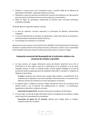 5
1. Planificar, a nivel de aula y de la institución escolar, y enseñar 100% de los Objetivos de
Aprendizaje (u OF/CMO), asegurando cobertura curricular,
2. Reflexionar y ajustar los procesos de planificación, prácticas de enseñanza y de reforzamiento
para que superen las brechas entre el currículum prescrito y el aprendido y,
3. Medir los logros de aprendizaje, evidenciando las brechas entre currículum planificado,
enseñado y aprendido.
De donde siguen los siguientes aspectos a evaluar:
 el nivel de cobertura curricular expresada en porcentajes de objetivos efectivamente
trabajados;
 el nivel de desarrollo de las prácticas de planificación, análisis del proceso de enseñanza y
retroalimentación al docente por Jefatura Técnica; y,
 los resultados de la enseñanza en el período.
Reforzamos, de esta manera, el foco histórico de la SECREDUC y del Departamento de Educación:
fortalecer la profesionalización del quehacer docente, institucional y técnico de los responsables
de los establecimientos que imparten enseñanza parvularia, básica y media en la región.
Evaluación semestral del desempeño de la institución relativo a los
procesos de enseñar y aprender.
1. Se trata, primero, de recoger información acerca del efectivo desarrollo de los O.A (u
O.F/C.M.O) en el aula, sobre la base de la planificación de los profesores y de las clases
realizadas. Porque, en Chile, en contexto escolar, enseñar significa desplegar en el aula las
acciones de asesoría y apoyo para que los estudiantes desarrollen e incorporen, o integren, los
objetivos de aprendizaje.
El anexo 1 presenta unas matrices para recoger datos relativos a la planificación de la
enseñanza de los objetivos y a las clases realizadas. Al final del anexo, se encuentran unas
tablas de resumen de la cobertura curricular alcanzada en el semestre.
2. En segundo lugar, el trabajo se orienta a recoger información acerca de las prácticas de la
jefatura técnica y de la dirección del establecimiento en relación a la planificación,
seguimiento y control de la cobertura curricular.
Documento de Apoyo Nº 18, presenta matrices para consignar esa información.
3. En tercer lugar, se trata de recoger información sobre los resultados de la enseñanza, medida
sobre la base de lo aprendido por los estudiantes.
Documento de Apoyo Nº 17: presenta matrices para recoger datos al respecto,
ordenarlos y permitir su análisis.
 