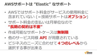 AWSサポートは  ”Elastic”  なサポート
•  AWSではサポート料料⾦金金がサービスの使⽤用料料⾦金金に
含まれていない  (＝技術サポートはオプション)
•  サポート料料⾦金金の⽀支払いは⽉月単位なので
“⻑⾧長期の契約は不不要”
•  作成可能なサポートケースは無制限
•  他のサービス同様  API  が⽤用意されている
•  ビジネスのニーズに合わせて４つのレベルから
選択する事が出来る
 