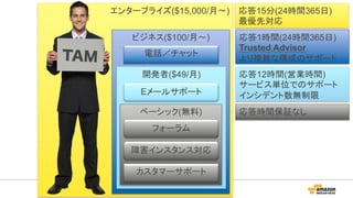            AWS  サポートクラスのご紹介
エンタープライズ($15,000/月〜)
TAM
応答15分(24時間365日)
最優先対応
ビジネス($100/月〜)
電話／チャット
応答1時間(24時間365日)
Trusted Advisor
より複雑な構成のサポート
開発者($49/月)
Eメールサポート
応答12時間(営業時間)
サービス単位でのサポート
インシデント数無制限
ベーシック(無料)
障害インスタンス対応
カスタマーサポート
フォーラム
応答時間保証なし
 