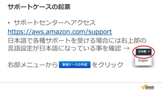 サポートケースの起票
•  サポートセンターへアクセス
https://aws.amazon.com/support
⽇日本語で各種サポートを受ける場合には右上部の
⾔言語設定が⽇日本語になっている事を確認  →
右部メニューから 　 　 　 　 　  をクリック
 