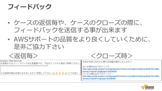 フィードバック
•  ケースの返信毎や、ケースのクローズの際に、
フィードバックを送信する事が出来ます
•  AWSサポートの品質をより良良くしていくために、
是⾮非ご協⼒力力下さい
＜返信毎＞ 　 　 　 　 　 　 　 　＜クローズ時＞
 