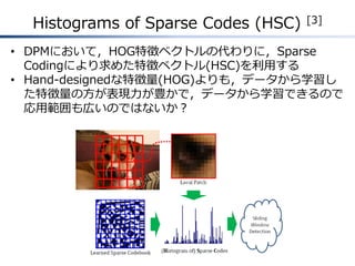 Histograms of Sparse Codes (HSC) [3]
• DPMにおいて，HOG特徴ベクトルの代わりに，Sparse
Codingにより求めた特徴ベクトル(HSC)を利用する
• Hand-designedな特徴量(HOG)よりも，データから学習し
た特徴量の方が表現力が豊かで，データから学習できるので
応用範囲も広いのではないか？
 