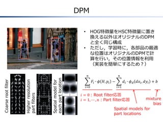 DPM
• HOG特徴量をHSC特徴量に置き
換える以外はオリジナルのDPM
と全く同じ構成
• ただし，学習時に，各部品の最適
な位置はオリジナルのDPMで計
算を行い，その位置情報を利用
（実装を簡単にするため？）
Coarserootfilter
Higherresolution
partfilters
Spatialmodelfor
eachpartlocation
𝐹𝑖 ∙ 𝜙 𝐻, 𝑝𝑖
𝑛
𝑖=0
− 𝑑𝑖 ∙ 𝜙 𝑑 𝑑𝑥𝑖, 𝑑𝑦𝑖
𝑛
𝑖=1
+ 𝑏
𝑖 = 0 : Root filter応答
𝑖 = 1, ⋯ , 𝑛：Part filter応答
Spatial models for
part locations
mixture
bias
 