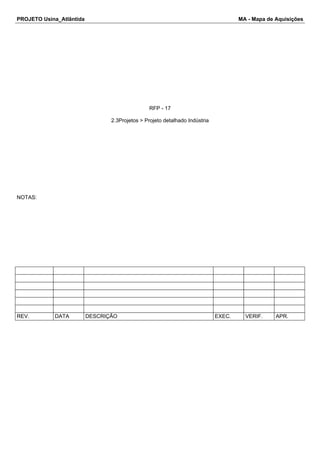 PROJETO Usina_Atlântida MA - Mapa de Aquisições
RFP - 17
2.3Projetos > Projeto detalhado Indústria
NOTAS:
REV. DATA DESCRIÇÃO EXEC. VERIF. APR.
 