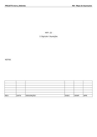 PROJETO Usina_Atlântida MA - Mapa de Aquisições
RFP - 22
3.1Agrícola > Aquisições
NOTAS:
REV. DATA DESCRIÇÃO EXEC. VERIF. APR.
 