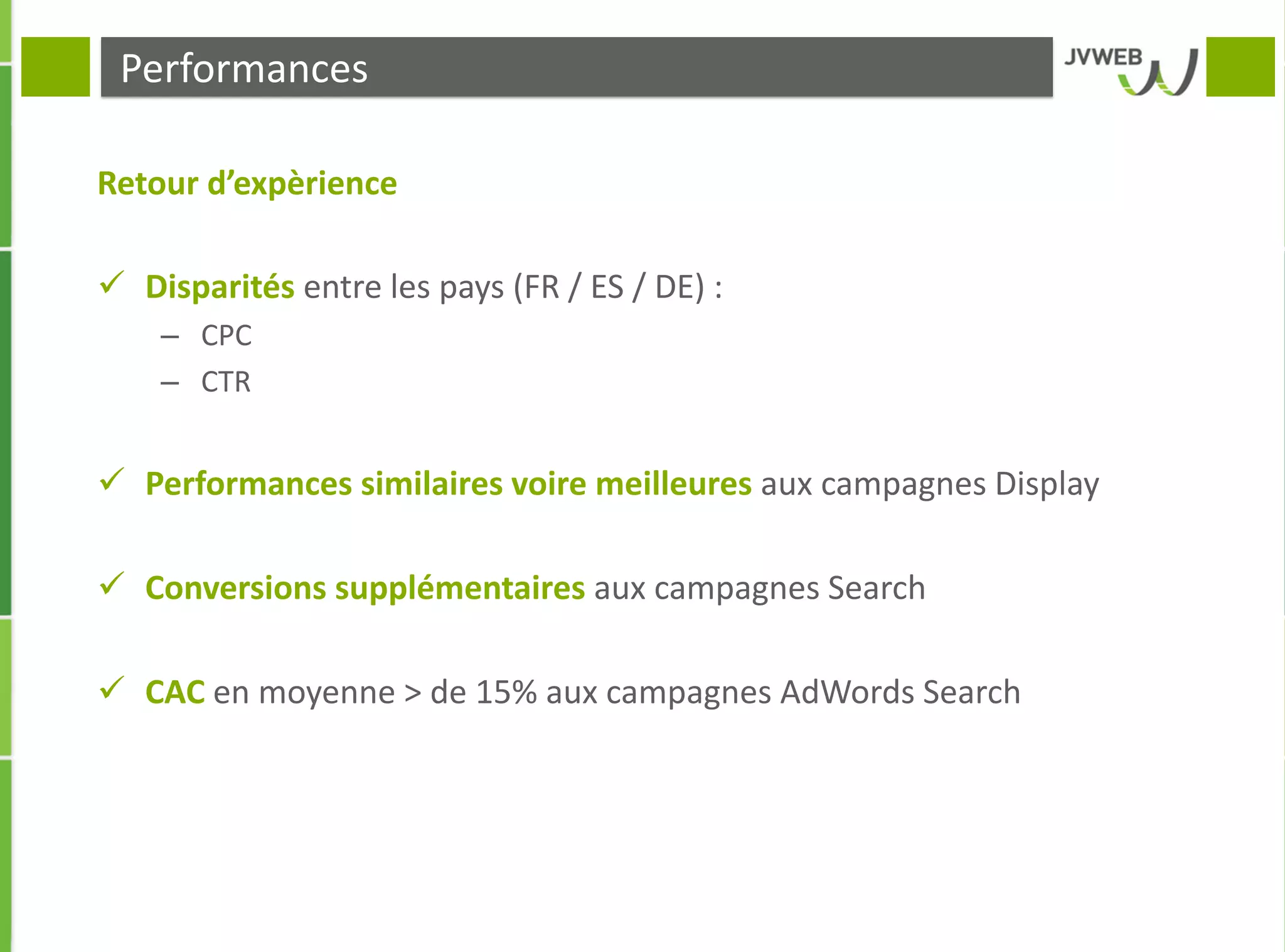 Performances
Retour d’expèrience
 Disparités entre les pays (FR / ES / DE) :
– CPC
– CTR
 Performances similaires voire meilleures aux campagnes Display
 Conversions supplémentaires aux campagnes Search
 CAC en moyenne > de 15% aux campagnes AdWords Search
 