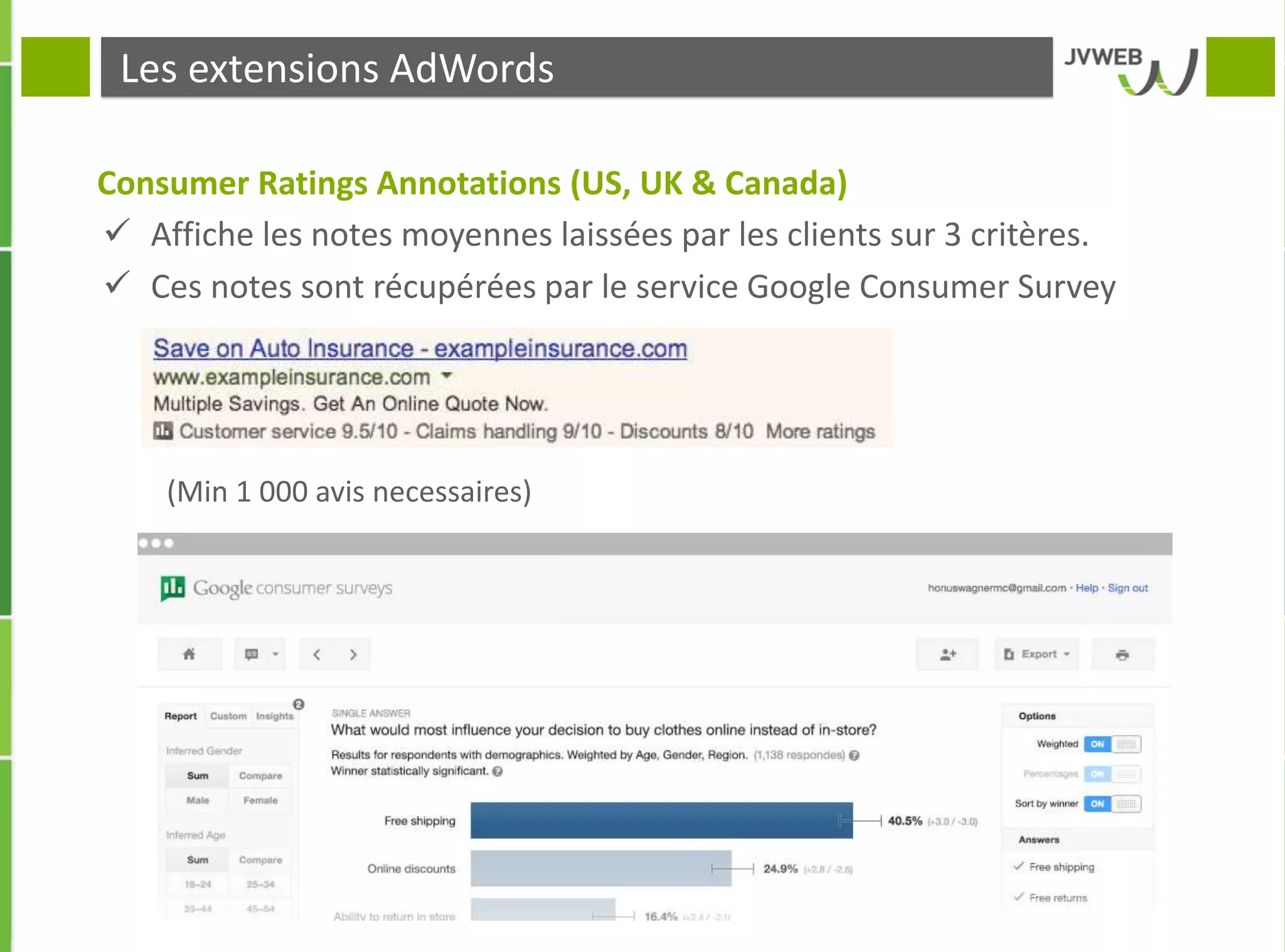 Les extensions AdWords
Consumer Ratings Annotations (US, UK & Canada)
 Affiche les notes moyennes laissées par les clients sur 3 critères.
 Ces notes sont récupérées par le service Google Consumer Survey
(Min 1 000 avis necessaires)
Publicités plus attractives
+ 10% de Taux de clic
 