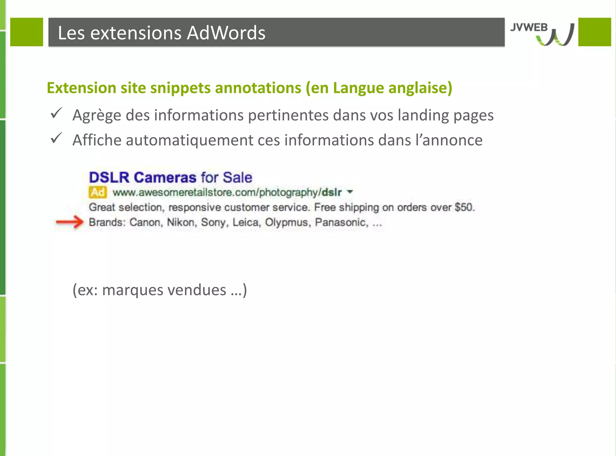 Les extensions AdWords
Extension site snippets annotations (en Langue anglaise)
 Agrège des informations pertinentes dans vos landing pages
 Affiche automatiquement ces informations dans l’annonce
(ex: marques vendues …)
 